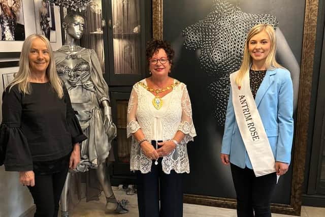 Mayor of Mid and East Antrim, Alderman Gerardine Mulvenna with Antrim Rose Mollie and Larne designer Geraldine Connon.  Photo:  Gerardine Mulvenna