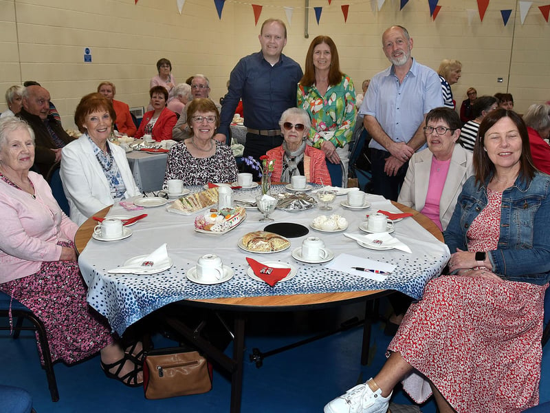 ABC Council Alderman, Gareth Wilson, back left, pictured with guests at the Richhill Presbyterian Tuesday Morning Club Coronation Tea event on Tuesday. PT17-263.