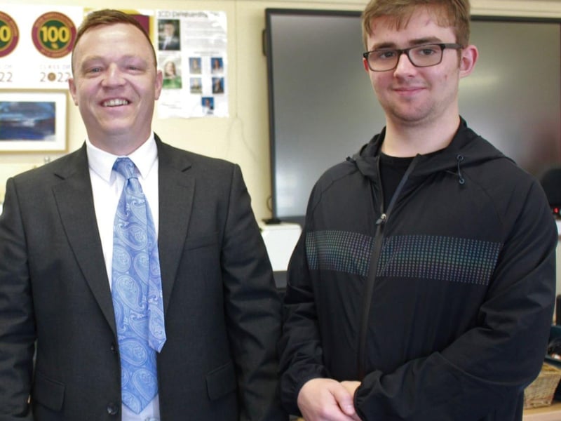 ICD’s Head of Sixth Form, Mr Andrew Blackadder, congratulates former Deputy Head Boy, Timothy, on his excellent A’ Level results at ICD. Timothy, a former pupil of St Patrick’s Primary School, Dungannon, will progress to Queen’s University Belfast to study a BA Hons Degree in English and History.