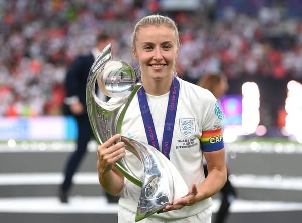 <p>Leah Williamson with the UEFA Women's EURO 2022 Trophy (Photo by Shaun Botterill/Getty Images)</p>