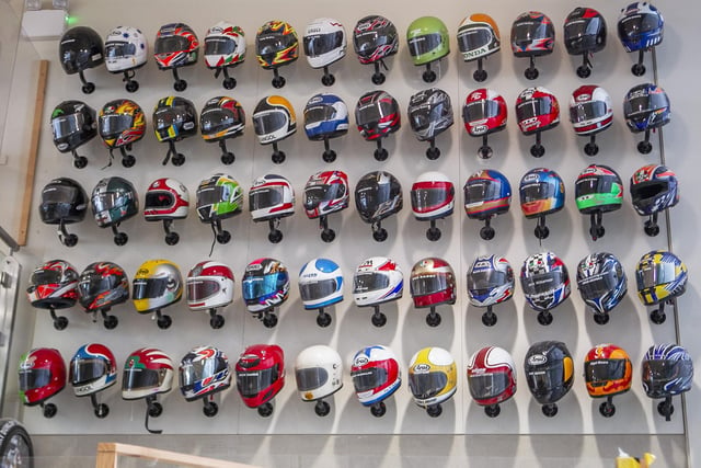 Helmets belonging to many well-known riders  pictured at the The North West 200 - Then & Now exhibition held Ballymoney Museum organised by the Causeway Coast and Glens Borough Council