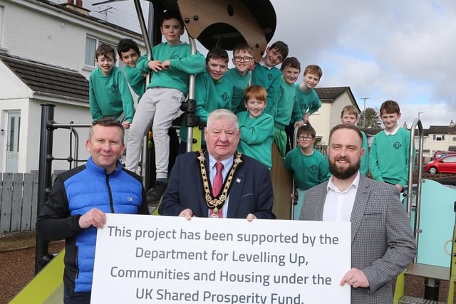 Mayor of Causeway Coast and Glens Councillor Steven Callaghan joins Garry Cardwell, Council Funding Support Officer (left) and Lindsay Hutchinson, Council’s Estates Technical Officer (right) as the recent works on Glenullin Play Park are unveiled.