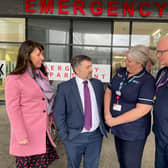 Health Minister Robin Swann is welcomed to the Ulster Hospital by Chief Executive Roisin Coulter, Emergency Medicine Consultant, Dr Sean McGovern and Interim Clinical Manager, Maggie Magowan. Pic credit: SEHSCT