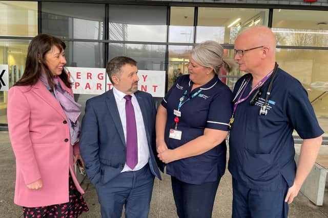 Health Minister Robin Swann is welcomed to the Ulster Hospital by Chief Executive Roisin Coulter, Emergency Medicine Consultant, Dr Sean McGovern and Interim Clinical Manager, Maggie Magowan. Pic credit: SEHSCT