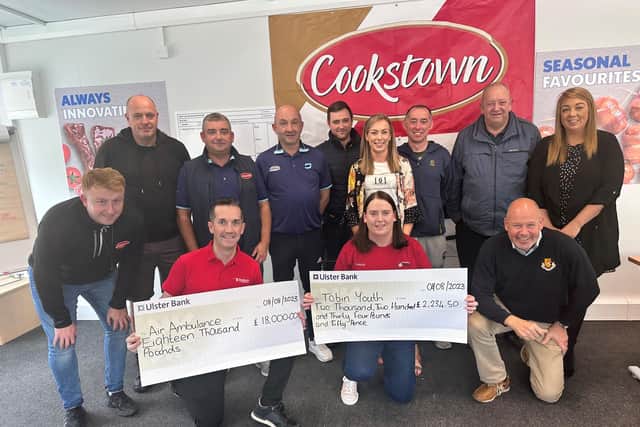 A total of £22,034.50 was raised as a result of  Karro Cookstown Golf Charity event. Pictured receiving a cheque for £18,000 is Damien on behalf of the Air Ambulance NI from Darren Hampsey, Karro.  Laura on behalf of Tobin Youth is shown receiving a cheque for £2234.50 from Seamus McQullian. Credit: Karro Cookstown