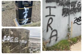 Pro-IRA slogans were painted alongside 'Free Gaza' at Hazelbank Park. (Pic: Cllr Matthew Brady).