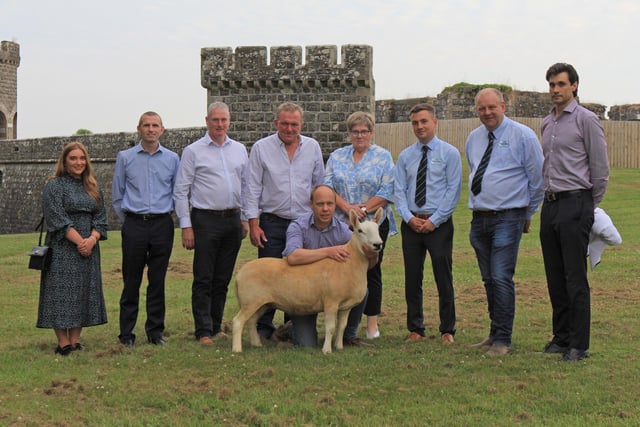 Launching the sheep section’s new classes for the North Country Cheviot breed, are sponsors and directors of the Randox Antrim Show’s Sheep section: (front) sheep breeder Alastair McNeill, Randalstown; (back, L-R) Jordan Doherty, Randox Health; Peter Whiteside and Seamus McCormick, Danske Bank; John Murphy; Rosemary McAllister; Ryan Godfrey and Matthew Cunning, Fane Valley; and Marc Coppez, Randox Health. Photo by: Julie Hazelton.