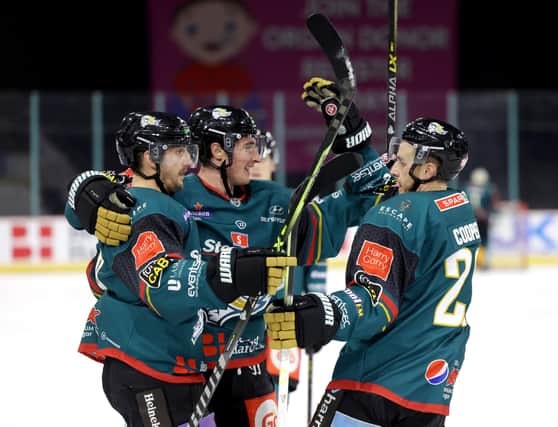 Belfast Giants’ Will Cullen, centre, celebrates scoring against Dundee Stars during Sunday's Elite Ice Hockey League game at the SSE Arena, Belfast    Photo by William Cherry/Presseye