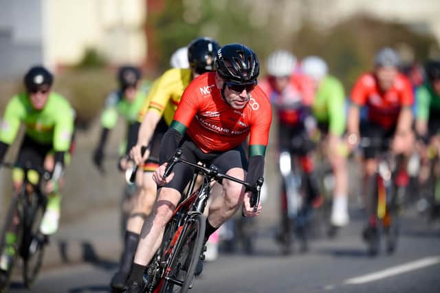Newry Wheelers rider Mark McParland corners well at Scarva in Sunday's John Haldane Memorial bike race. Pic: Brendan Monaghan