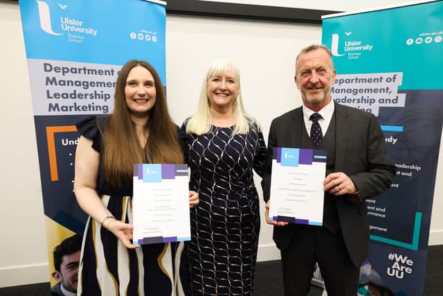 Left to right: Ballymena local and prize winner Claire-Anne Mills, Head of Department at the University of Ulster, Dr Mary Boyd, Ballymoney local and prize winner John Allen