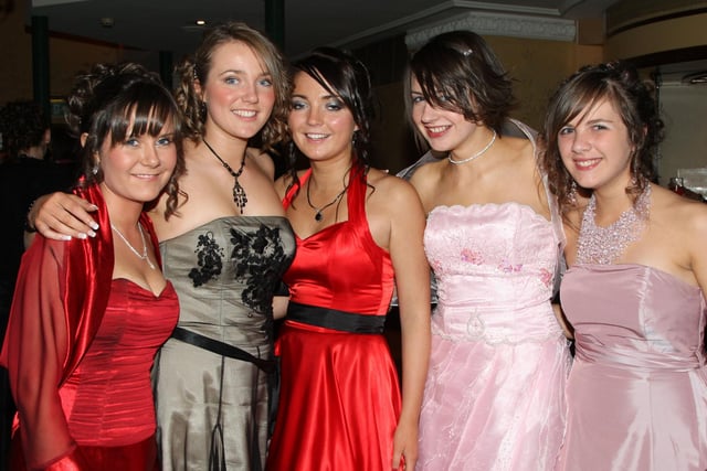 Maria McGinn, Aoibhin Gormley, Cliona Gormley, Amy Cochrane and Aideen Butler at the Cross & Passion College formal in the Tullyglass House Hotel, Ballymena, in 2007