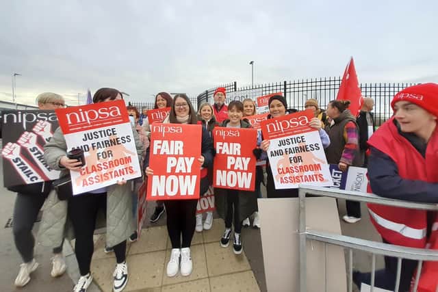 Support staff at Lismore College, Craigavon are on strike over pay and conditions. Some of the workers took to the picket line this morning. They are some of the thousands of union members from NIPSA, GMB, Unison and Unite which are taking industrial action across Northern Ireland today.