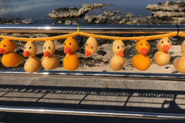 Running the length of The Promenade in Portstewart, the banner of over 100 little hand-knitted yellow ducks and flags had been destroyed allegedly by youths and some of the ducks ripped off the cable ties, with some left without bodies
