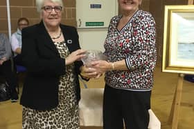 Anne Ramsay of Aghadowey WI being presented with the Jubilee Rose Bowl by Helen Jamieson