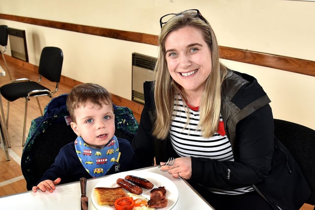 Paula Vennard and son, Louis (2) ready to get stuck into their Big Breakfast at St Luke's Church Hall, Loughgall on Saturday morning. PT13-205.