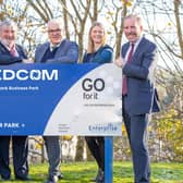 From left to right: Simon McDowell, director of Kilwaughter Minerals; Dr Norman Apsley OBE, chairman of Ledcom; Richard Kennedy, chair of InterTradeIreland; Jenny Ervine, founder of Raise Ventures and director of Kilwaughter Minerals, and Ken Nelson MBE,  chief executive of Ledcom.