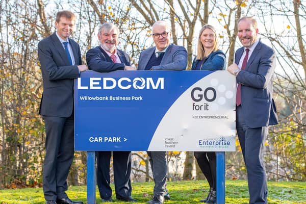 From left to right: Simon McDowell, director of Kilwaughter Minerals; Dr Norman Apsley OBE, chairman of Ledcom; Richard Kennedy, chair of InterTradeIreland; Jenny Ervine, founder of Raise Ventures and director of Kilwaughter Minerals, and Ken Nelson MBE,  chief executive of Ledcom.