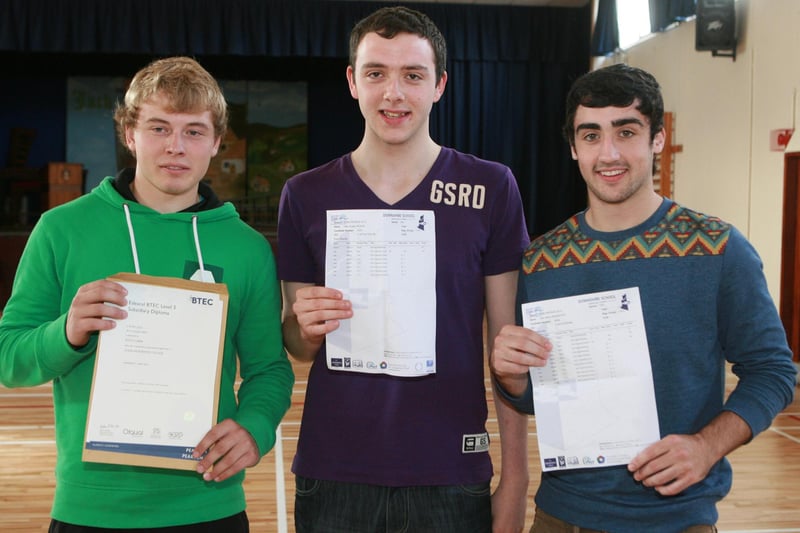 Downshire School students Scott Carse, Dale McKee and Jack McMurtry receiving their A level results in 2012. INCT 34-006-tc