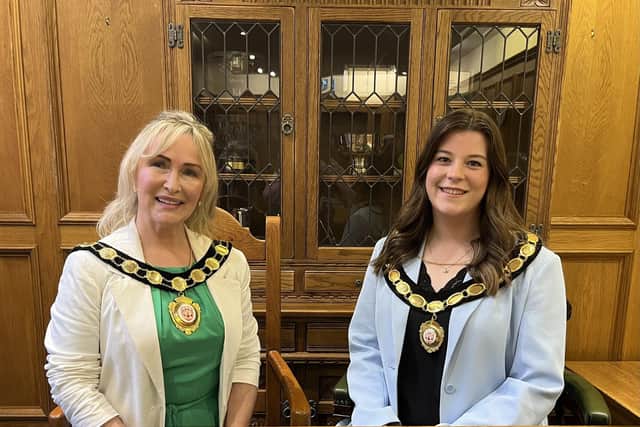 Pictured from lett are Dungannon Councillor Deirdre Varsani (Sinn Féin) who is the new Chair of Mid Ulster District Council and DUP Councillor Eva Cahoon who is the new deputy. Credit: Supplied