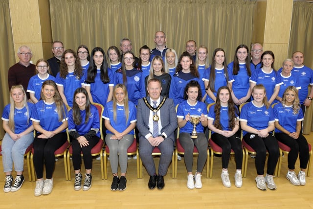 The Ladies Minor team with their coaches, the Lord Mayor, Councillor Paul Greenfield and Councillors Eamon McNeill, Kevin Savage and Liam Mackle.