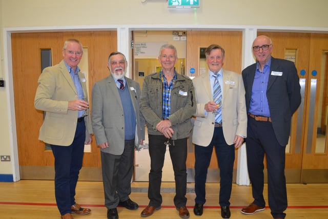 John Wilkinson Teacher in 1973 and former Headmaster of Dromore High, Peter Forrestal, Alan Poots Toad in the production and current Head of Board of Governors and Ian McConaghy Headmaster.