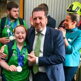 Déarbháile Savage, a member of Newry All Stars Special Olympics Club, from Mowhan, Co Armagh, is greeted by Matt English, CEO of Special Olympics Ireland, at Dublin Airport on the team's return from the World Special Olympic Games in Berlin, Germany. Photo by Ray McManus/Sportsfile
