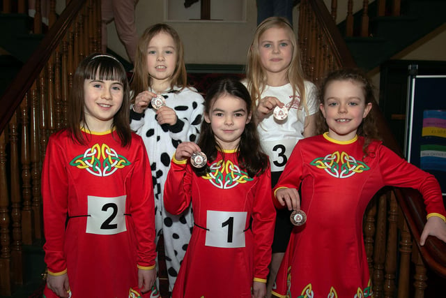 Members of the McGrath School Of Irish Dancing pictured during a break at the Confined Section at Portadown Folk Dancing Festival on Saturday. PT1-234.