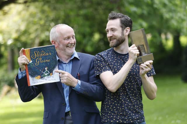 Ballycastle illustrator Paddy Donnelly and Galway author Fearghas Mac Lochlainn, winners of The Judge’s Special Award, photographed at the KPMG Children’s Books Ireland Awards 2023