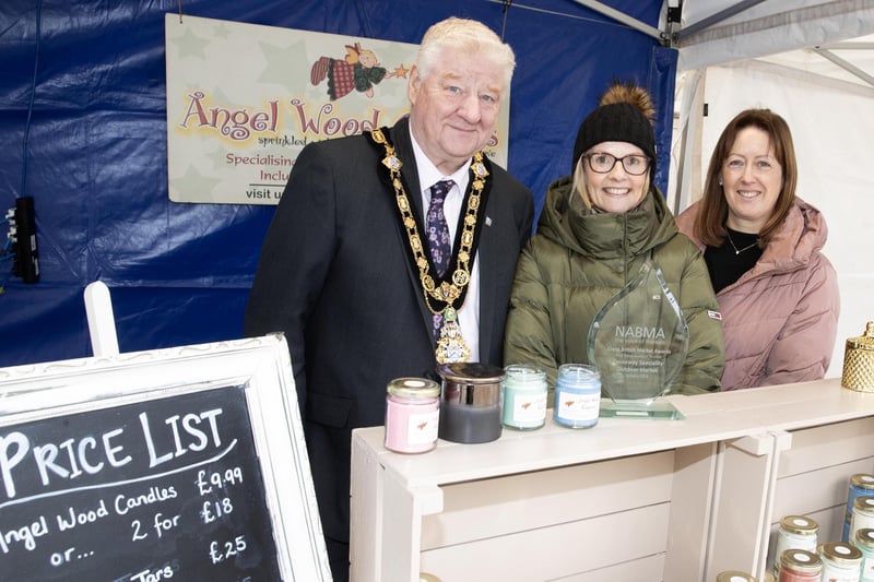 Mayor of Causeway Coast and Glens, Councillor Steven Callaghan with Lynne Rainey of Angel Wood Candles and Catrina McNeill, Council’s Town Project officer.