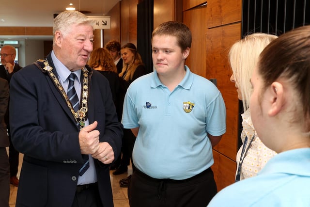 The Mayor chats with pupils from Rossmar School. Credit McAuley Multimedia