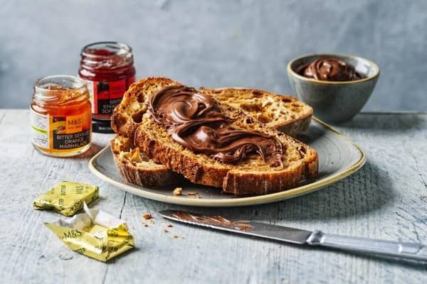 Thickly sliced, irresistibly crunchy Collection Sourdough Toast with Marks and Spencer silky smooth Collection Italian Chocolate Hazelnut Crème (£2.75)