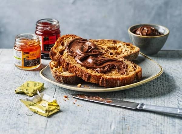 Thickly sliced, irresistibly crunchy Collection Sourdough Toast with Marks and Spencer silky smooth Collection Italian Chocolate Hazelnut Crème (£2.75)