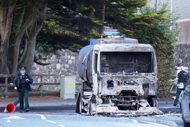 Press Eye - Belfast - Northern Ireland - 16th October 2026The remains of an oil tanker on Mourneview Avenue in Lurgan whcih caught fire on Friday afternoon. Picture by Jonathan Porter/PressEye