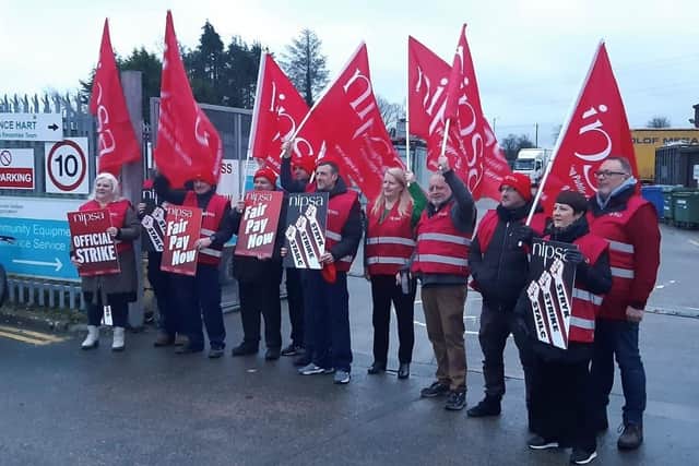 NIPSA members take to the picket line at BSO in Lissue Industrial Estate in Lisburn. Pic credit: NIPSA