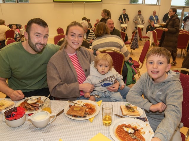 Enjoying their big breakfasts are members of the Graham family including, dad, William, mum, Nicole, George (1) and David (9).