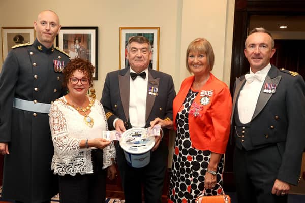 Wing Commander Noel Williams (chair, RAF Association Northern Ireland), Squadron Leader Richard Murray (Director of Music RAF College Band) and Warrant Officer Robert Scullion (Bandmaster) are pictured with Co Antrim Deputy Lieutenant Jackie Stewart and MEA Mayor Gerardine Mulvenna as they make the first donations and officially launch the 2023 Wings Appeal campaign.  Photo: McAuley Multimedia