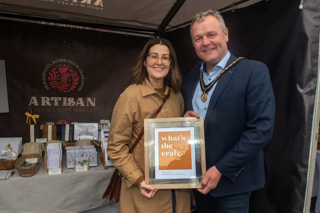 Deputy Lord Mayor, Councillor Kyle Savage pictured with Seilin Cochrane at her custom stationery stall. LM17-209.