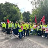 Strike action is underway at Langford Lodge in Crumlin. Pic credit: Unite the Union