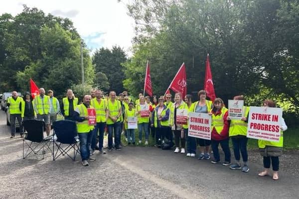 Strike action is underway at Langford Lodge in Crumlin. Pic credit: Unite the Union