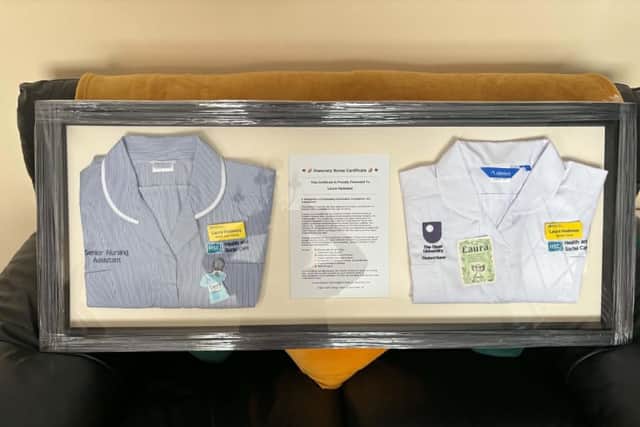 Laura Hadaway was training with the Open University to become a nurse when she sadly died. Her sister Annmarie Seeley framed her honorary nursing certificate and uniform in  her memory.