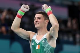 Rhys McClenaghan of Team Ireland celebrates after finishing his gold medal-winning routine during the artistic gymnastics men's pommel horse final at the Paris Olympics. Picture: Julian Finney/Getty Images.