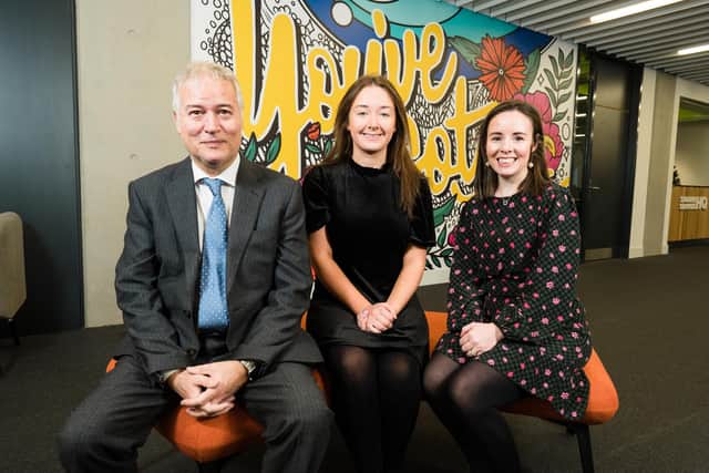 Pictured from left are Nigel Harra, Senior Partner at BDO NI, Caoimhe Tohill and Laura Morgan, Lecturer at Ulster University. Elaine Hill Photography