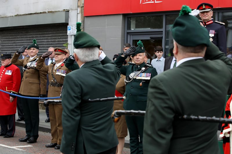 His Majesty's Lord-Lieutenant of Co Antrim, Mr David McCorkell taking the salute at the parade in Ballymena.