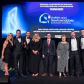 Representatives from Antrim and Newtownabbey Borough Council, including Ald Lewis Boyle and Cllr Vera McWilliam, celebrating the Regional Club of the Year and a National Club of the Year titles won by Ballyearl Arts and Leisure Centre at the Ukactive Awards in Leeds. (Pic: Contributed).