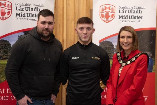 Pictured at the Civic Awards with Chair of the Council, Councillor Córa Corry, is Kyran Robinson, who was selected in the Gaelic Life Ulster Football All Star Team. Also pictured is nominating councillor, Councillor Dan Kerr.