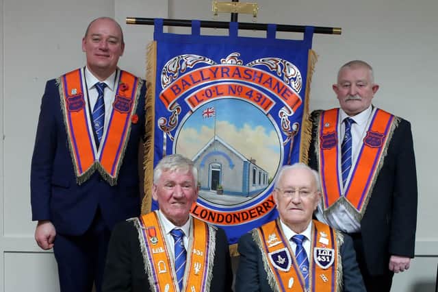 Wor. Bro David Keers W.M. and Bro. Mervyn Tosh D.M. pictured with the installing officers Hon. Bro Sammy Quinn and Hon. Bro Dan Daly