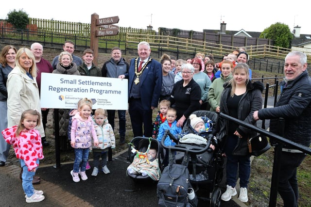 Mayor of Causeway Coast and Glens, Councillor Steven Callaghan with members of Rasharkin Mother and Toddler Group at the new accessible path at Rasharkin Community Centre. Also pictured are Julienne Elliot, Council’s Town & Village Manager; Wendy McCullough, Council’s Head of Sport & Wellbeing; Sean Hanna, Rasharkin Community Group; Pat Mulvenna, Director of Leisure & Development; Brian Bradley, BJ Construction Ltd; Caolan O’Connor, Kilcreen Consulting Ltd; Gregg McClements, Council’s Capital Project Officer; and Nigel McFadden, Project Co-Ordinator.
