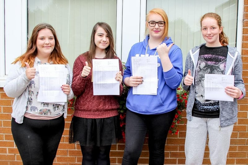 Pictured on GCSE results day 2015 at Glengormley High School are Rebecca Irvine (1A, 4Bs, 3Cs),  Bethany Smyth (2A* 1A, 4Bs, 1C), Caitlyn McCrea (3As, 2Bs, 1C, 1D, 1E) and Kristen Morrison (2A* 1B, 4C, 1D). INNT 34-502-SO
