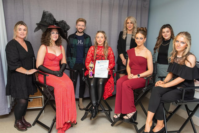 Hairdressing student Claudia Daly, third in the overall collection, with models Abi McLaughlin, Aimee Lee Cooke and Brogan Roddy.  Also pictured are judges Christopher Young, Emma Brdaley and Hannah McCurdy. Claudia was first in the Avant Garde competition. 