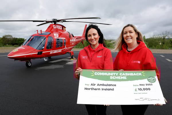 Kerry Anderson, Head of Fundraising from Air Ambulance NI is pictured with Bronagh Luke from SPAR NI to receive a cheque for £10,000 as part of SPAR’s Community Cashback Grant Funding for 2023